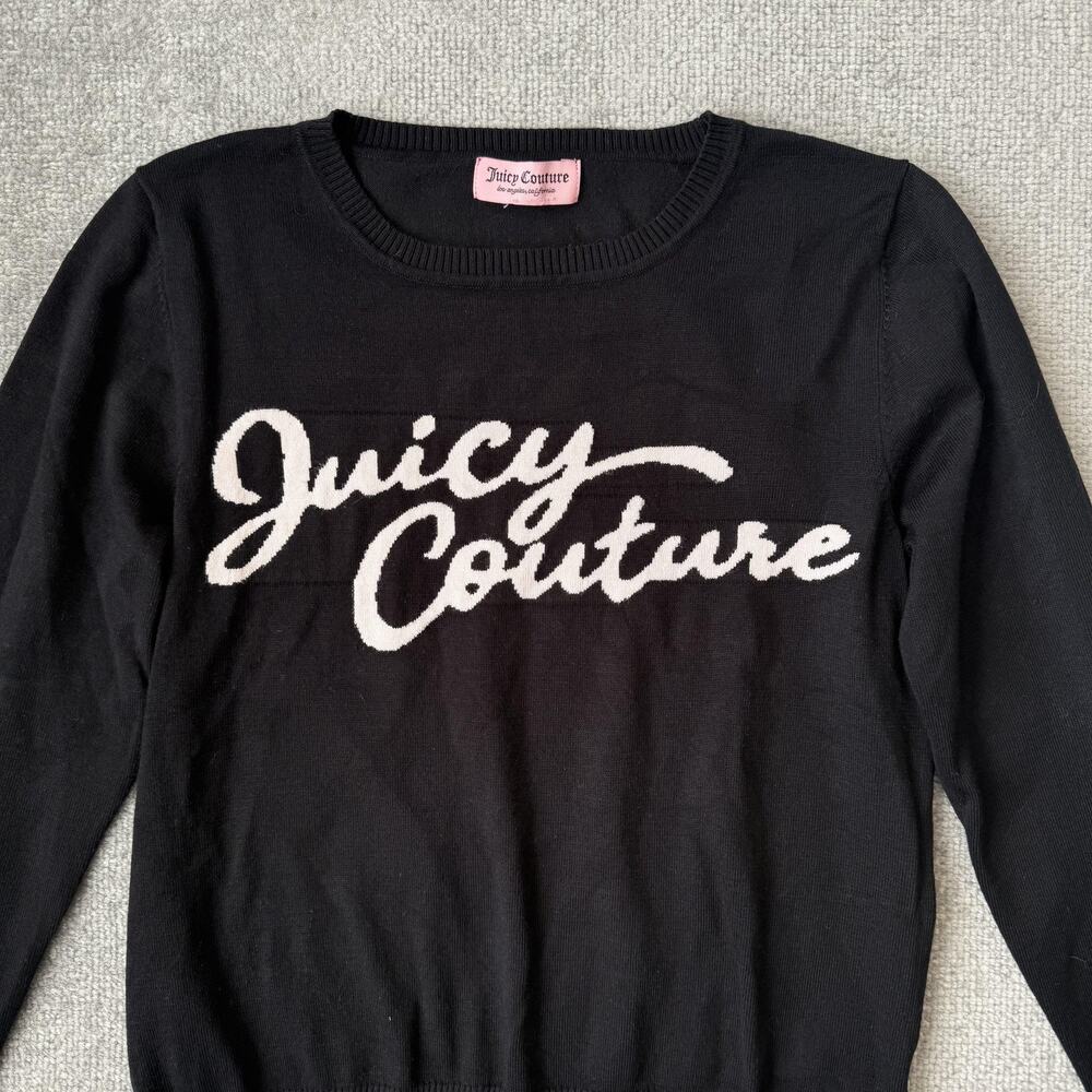 Juicy Couture Sweater Womens Medium Black Crewneck Pullover Logo Spell Out Knit - Picture 2 of 7